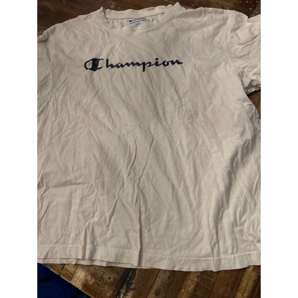 Champion Authentic Athleticwear Script Logo T-Shirt Cream Navy XL Mens